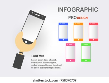 Flat infographics with hand hold mobile phone on grey and white background. Charts for business presentation with text space. 