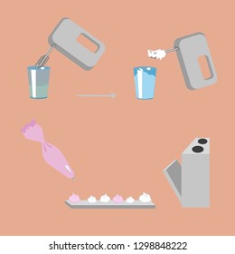 flat infographics of meringue eggs, mixer icons and pastry bag on a peach background