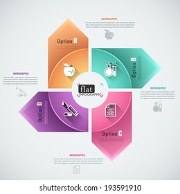 Flat infographics options banner with four-part round ribbon, arrows and icons. 