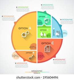 Flat infographics options template with circle cropped into 6 options. Icons included. Vector. 