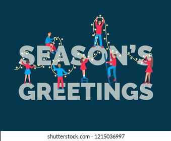 Flat Infographics Of People Decorating Inscription Season's Greetings  By Fairy Lights. Christmas Or New Year Illustration In Minimalist Style For Greeting Card Template Or Poster Concept.