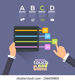 Flat Infographics Template and Arrow and Web Elements - Business, Marketing Touch and Choose Concept Vector Design Hand Hold Tablet 