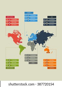 Flat infographics template map of continents. Vector illustration. 