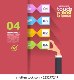 Flat Infographics Template and Ticket Style Web Elements - Business, Marketing Touch and Choose Concept Vector Design on Red Background 