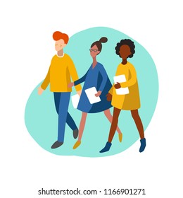 Flat infographics of walking women and man. Vector illustration of people with books in minimalist style. Used for web profiles, social networks, users app etc.