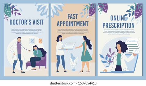 Flat Informational Vertical Medical Banner Set Advertising Clinic Services for Sick People. Online Medication Treatment Prescription, Doctor Home Visit Call Fast Appointment Order. Vector Illustration