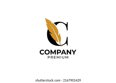 Flat initial C letter with feather pen logo design