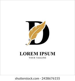 Flat Initial Letter D Logo Combined with Feather Silhouette. Elegant Monogram Vector Logo Design.