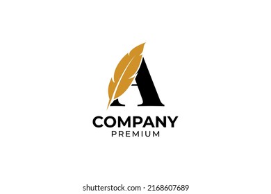 Flat initial A letter with feather pen logo design