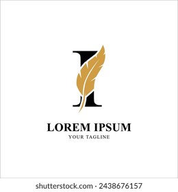 Flat Initial Letter I Logo Combined with Feather Silhouette. Elegant Monogram Vector Logo Design.