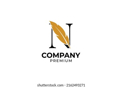 Flat initial letter N with feather pen logo design