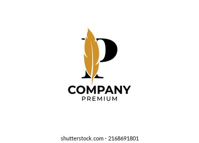 Flat initial P letter with feather pen logo design