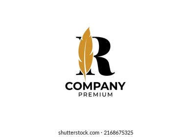 Flat initial R letter with feather pen logo design