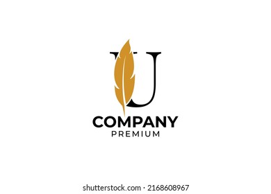 Flat initial U letter with feather pen logo design