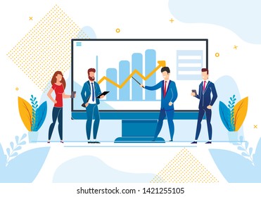 Flat Inscription Social Media Vector Illustration. Study Impact Social Networks on Growth Business Processes Enterprise. Group Men and Women Discuss Growth Rates on Chart, Cartoon.