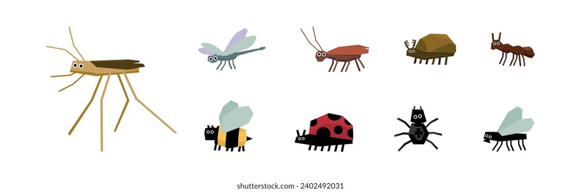 Flat Insect and Cute Garden Crawling Animal Vector Set