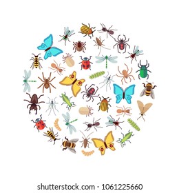 Flat insects icons round concept isolated on white background. Vector illustration