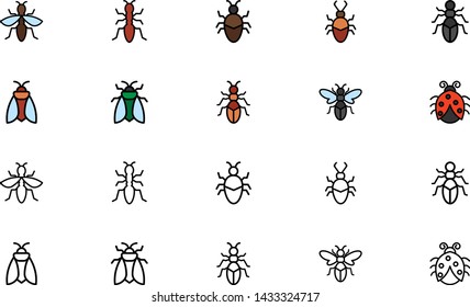 Flat Insects icons set in black and white and colored versions