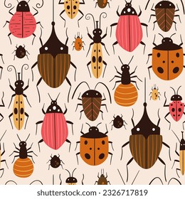 Flat insects seamless pattern. Repeat pattern with different insect abstract designs isolated on light yellow background. Square design. Vector illustration.