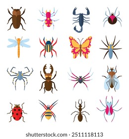 Flat insects. Spiders butterfly bugs fly dragonfly scorpio ladybug icons. Vibrant dangerous insects, seasonal scary animals, neoteric vector collection