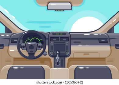 Flat insides of car interior with transmission, steering wheel, glove box, electronics and dashboard. Concept vehicle, automobile for drive, journey, trip. Vector illustration.
