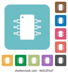 Flat integrated circuit icons on rounded square color backgrounds.