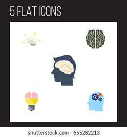 Flat Intelligence Set Of Brain, Idea, Invention And Other Vector Objects. Also Includes Thinking, Gear, Brain Elements.