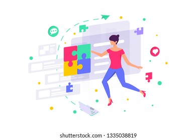 Flat interface for girl with puzzle, icons with heart like and message. Concept young woman character, modern laptop with online site. Vector illustration.