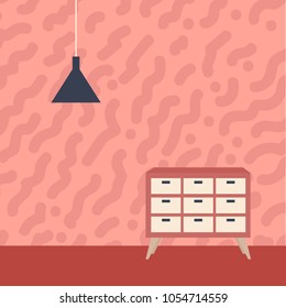 flat interior in the 60's style, chest of drawers, lamp, wallpaper