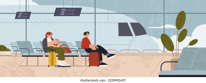 Flat Interior der Flughafen Wartezimmer mit Sitzplätzen und Passagieren mit Gepäck. Personen, die in Stühlen im Lounge-Bereich des internationalen Terminals mit Abflugplan sitzen, Fenster mit Blick auf das Flugzeug