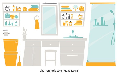 Flat Interior of bathroom place concept in flat design. Bathroom icons and elements in minimalistic style and color.