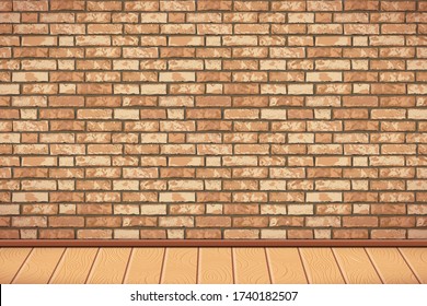 Flat Interior with brown grunge realistic brick wall and wooden parquet floor. Trendy architectural loft room background, fashion cafe interior. Vector Illustration for web, design, mockup