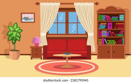 Composición interior plana. Salón con mesa, armario, sofá, ventana y mesita de noche con lámpara. Ilustración vectorial de material.