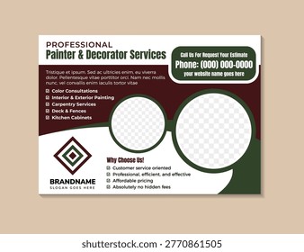 Flat interior design and home decor banner template. promotion material on horizontal layout design for a professioanl painter and decorator services. combination black, brown and green colors on element isolated on white background