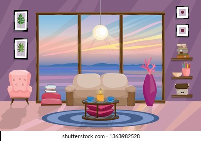 Flat interior design, landscape with beautiful sunset outside the window. Living room design. Vector illustration