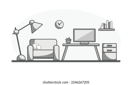 flat interior design modern living and working area, gray tone, vector illustration, object for room decorating