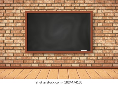 Flat Interior With Empty Black Chalkboard On Brown Brick Wall. Trendy Classroom Wih Class Board Scenery Interior. Vector Illustration For Web, Poster Mockup, School Class Design Background, Exposition