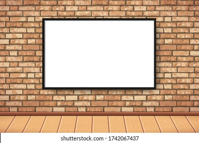 Flat Interior with empty white picture frame on brown brick wall, wooden floor. Trendy loft room background, fashion gallery exhibition interior. Vector Illustration for web, poster mockup, exposition