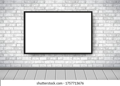 Flat Interior with empty white picture frame on gray brick wall. Trendy loft room scenery background, fashion gallery exhibition interior. Vector Illustration for web, poster mockup, exposition