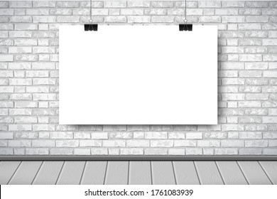 Flat Interior with empty white poster on gray brick wall, wooden floor. Trendy loft room scenery background, fashion gallery exhibition interior. Web, poster mockup, exposition vector Illustration.