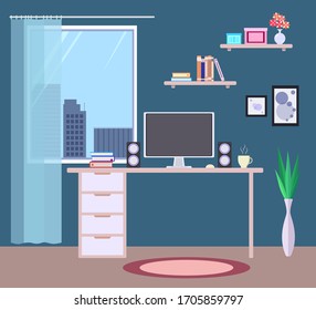 Flat interior illustration. Home work space. Computer on table, books, shelves, photos, vase, flowers, cup of coffee, city in window. Concept.