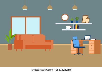Flat interior illustration. Home work space. Computer on table, books, shelves, photos, vase, flowers, cup of coffee, city in window. Concept. Back to School