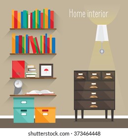 Flat interior illustrations. Shown room with chest of drawers, lamp, shelves, books, boxes, clocks