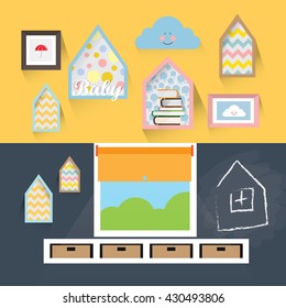 Flat interior nursery. Vector interior with a window, shelves, chest of drawers.