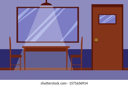 Flat Interior Of Police Station Interrogation Room With Wooden Desk And Chairs For Questioning And One Way Mirror Window On The Wall And Nobody Inside. Cartoon Vector Illustration.