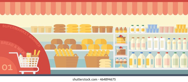 Flat interior supermarket with bread and milk