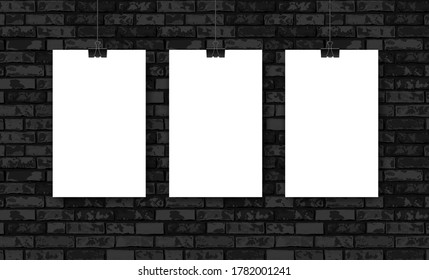 Flat Interior with three empty white posters on black brick wall. Trendy loft room scenery background, fashion gallery exhibition interior. Vector Illustration for web, poster mockup, exposition.