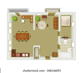 Flat interior top view with living room and kitchen furniture vector illustration