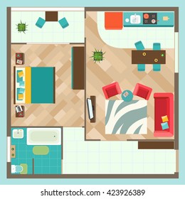 Flat interior top view with living room, bedroom, bathroom and kitchen furniture vector illustration