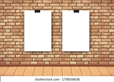 Flat Interior with two empty white posters on brown brick wall. Trendy loft room scenery background, fashion gallery exhibition interior. Vector Illustration for web, poster mockup, exposition.